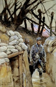 Första världskriget: "" En soldat av soppakorvee i skyttegraven Notre-Dame-de-Lorette 28/06/1915"" Akvarellmålning av Francois Flameng (1856-1923) juni 1915 sön. 0,3x0,48 m Paris, Musee de l