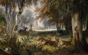 Prinsen av Wagrams jakt, Jakten, akvarellmålning av Francois Gabriel Guillaume Lepaulle (1804-1886).