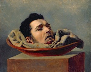 Guillotinerat huvud av en parricid som avrättades i Puy 1825. av Francois Gabriel de Becdelievre