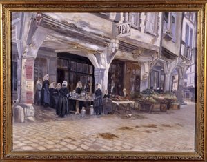 Marknad under verandorna i Dinan - av F. Gombeaux, sent 1800-tal av Francois Gombeaux