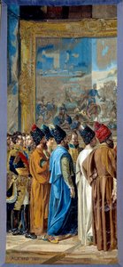 Napoleon I (1769-1821) mottog på slottet Finkenstein i Polen, ambassadören för Shahen av Persien Georges Outrey, Frankrikes vicekonsul i Bagdad, presenterar Mohammed Mirza Reza. Gobeläng tillverkad av gobelinernas verkstad av Francois Henri Mulard av Francois Henri Mulard