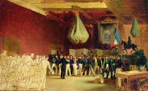 Deputeradekammaren överlämnar till hertigen av Orleans, Louis Philippe I (1773-1850), handlingen som kallar honom till tronen och stadgan från 1830, på det kungliga palatset, 7 augusti 1830