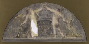 Skiss för matsalen på Hôtel de Ville de Paris, ett barn håller en trumpet och det andra en kärve som lyfter en stor låda av Francois Lafon