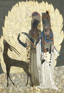 Två stiliserade kvinnor med en antilop bland lövverk, ca 1928 (lack och coquille d