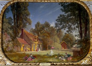 Utsikt över byn Chantilly. Byggnad byggd av arkitekten Jean Francois Leroy för prinsen av Conde mellan 1772 och 1774. Målning av Francois Louis Francais (1814 - 1897)