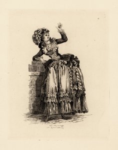 Fashionabla kvinna i huva a la Nicolet, era av Marie Antoinette (etsning) av Francois Louis Joseph (after) Watteau