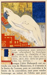 Manlig liggande naken, från "History of the Princess Boudour- Tales of a Thousand and One Nights" av Francois Louis Schmied