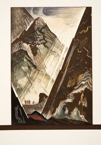Prometheus spikas till klippan av Hephaestus, Kratos och Bia, från Prométhée Enchaîné av Aeschylus, pub. 1941 (pochoirtryck)