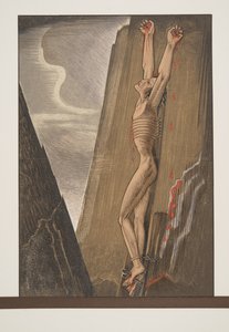 Prometheus spikad till klippan, från Prométhée Enchaîné av Aeschylus, pub. 1941 (pochoirtryck)