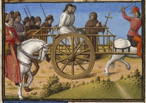 Harley 4375, f.140 Två fångar i en vagn som förs till avrättning, åtföljda av en präst, illustration från 