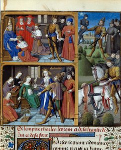Scener ur francens kung Karl den stores liv (742-814). Miniatyr hämtad från manuskriptet "Speculum historiale"" (Le Mirror historial) av Vincent de Beauvais (1184/94-1264) upplyst av mästaren Francois (1400-talet). Chantilly, Conde