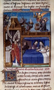 Karl den Stores död (742-814) Miniatyr hämtad från manuskriptet "Speculum historiale" (Le Mirror historial) av Vincent de Beauvais (1184/94-1264) upplyst av mästaren Francois (1400-talet). Chantilly, Conde Museum