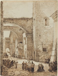 En präst bearbetar genom en medeltida gata i Viterbo av Francois Marius Granet