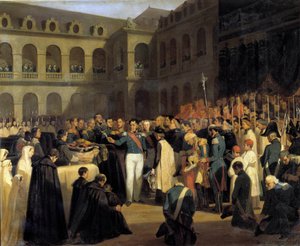 Begravning för offren för Fieschi-attacken den 5/08/1835 i närvaro av kung Louis-Philippe Attacken av Giuseppe Fieschi (korsikansk konspiratör) ägde rum den 28 juli 1835 mot Louis-Philippe I, fransmännens kung, Boulevard du Tempel i Paris. P