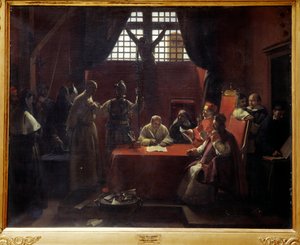 Förhör med Savonarola (1452-1498) Jerome Savonarola (eller Girolamo Savonarola) (1452-1498) Italiensk munk och predikant är domare för kätteri av påven Alexander VI och myndigheterna i staden Florens innan hans bannlysning och avrättning. Painti