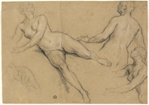 Blad med studier: Tre kvinnor och en hand (recto); Skisser av manliga nakenstudier, huvuden och hand (verso) av Francois Marot