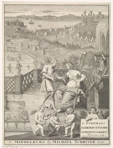 Holländsk jungfru får blommor av en trädgårdsmästare Titelsida för: Carolus Tuinman, Uppkomsten och tolkningen av (...) Nederduitsche ordspråk, 1726. av Francois Morellon la Cave