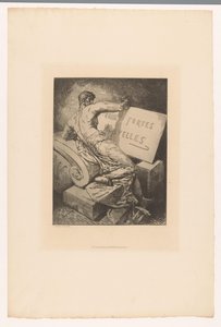 Titeltryck med man på stenmonument Eaux Fortes Nouvelles (titel på objekt) Etsningar av olika grafiker från 1877 (serietitel) L
