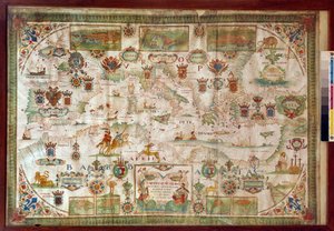 Geografisk karta över Medelhavet som visar Europas kuster (Frankrike, Spanien, Italien och Afrika (Tunisien, Algeriet, Egypten). Havet är befolkat med monster och karaveller, medan på landet syns alla typer av djur och invånare i regi av Francois Ollive