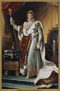 Porträtt av kejsar Napoleon I Bonaparte (1769-1821) i kröningsdräkt. (Porträtt av kejsar Napoleon I Bonaparte i hans kröningsdräkt). Målning av Francois Pascal Simon, baron Gerard (1770-1837), olja på duk, cirka 1804. Fransk konst av Baron François Pascal Simon Gérard