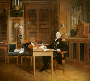 Porträtt av Ludvig XVIII (1755-1824) har sitt kontor på Tuilerierna och mediterar över Chartermålningen av Francois Gerard (1770-1837) efter Marigny. 1800-talet. Dämpa. 2,7x3,1 m. - Porträtt av Ludvig XVIII (1755-1824) som mediterar över stadgan sittande k av Baron François Pascal Simon Gérard