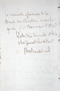 Brev med författarens underskrift, skrivet i Frankfurt på väg till Chateaubriand ny post som ministerbefullmäktig i Berlin, 7 januari 1821 (penna och bläck på papper) av Francois Rene Vicomte de Chateaubriand