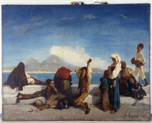 Lazzaroni, karaktärer av det napolitanska folket. Utsikt över Neapelbukten (olja på duk) av Francois Reynaud