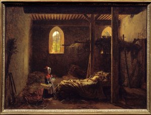 Rödluvan Illustration av Charles Perraults berättelse, Rödluvan framför vargen utklädd till mormor. Målning av Francois Richard Fleury (1777-1852) 1800-talets sön. 0,35x0,47 m . av Francois Richard Fleury