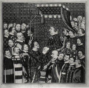 Ludvig II (1337-1410) Greve av Clement, hyllande Karl V (1338-80) kopia av en miniatyr från 1300-talet (akvarell på papper) (s/v foto)