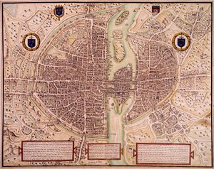 Karta över staden Paris 1540-1555 sagt om gobelängen. Gravyr av Francois Roger de Gaignieres (1642-1715). paris, B.N.