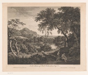Landskap med herde och två figurer vid en pool av Francois Vivares
