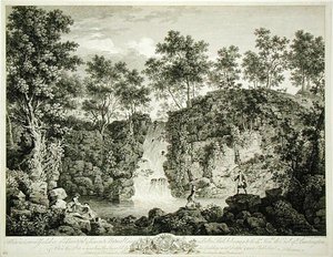 Vy över en kaskad vid Bolton Park, Craven, Yorkshire, publicerad 1753 (gravyr) av Francois Vivarez
