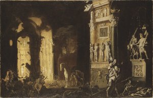 Trojas eld med Aeneas som bär anchises, av Nome, Francois de