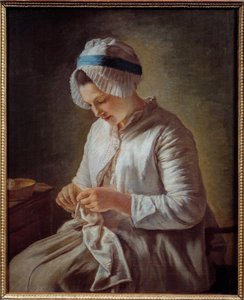 Portrait de woman har boken Ung kvinna stickning. Målning av Francoise Duparc (1726-1778) 1700-tal sön. 0,78x0,64 m Marseille, musee des Beaux Arts - Porträtt av en kvinna som stickar. Målning av Francoise Duparc (1726-1778)