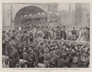Tsarens procession från Granovitaya Palata på väg att gå in i porten till antagandekatedralen (litho)