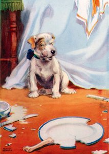Hund med trasig tallrik (färg litho) av Frank Adams