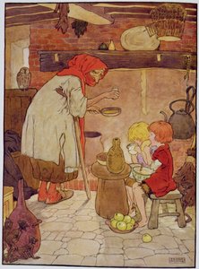 Hansel och Gretel matas av häxan, illustration från "The Beautiful Book of Nursery Rhymes, Stories and Pictures", av Frank Adams, utgiven av Blackie und Son