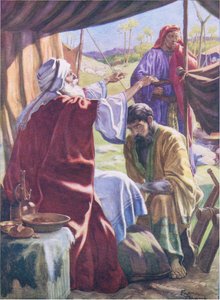 Jakob får välsignelsen, från The Bible Picture Book utgiven av Thomas Nelson, ca 1950 (litografi i färg). av Frank Adams