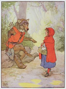 Rödluvan och vargen, illustration från "The Beautiful Book of Nursery Rhymes, Stories and Pictures", av Frank Adams, utgiven av Blackie and Son