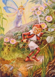 Nymfidia och Puck från "Nymphidia" av Michael Drayton (1563-1631) illustrerad i "Childrens Stories from the Poets" av M. Dorothy Belgrave och Hilda Hart av Frank Adams