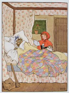 Vargen förklädd till Rödluvans mormor, illustration från "The Beautiful Book of Nursery Rhymes, Stories and Pictures", av Frank Adams, utgiven av Blackie und Son