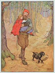 Skogsklipparen bär hem Rödluvan, illustration från "The Beautiful Book of Nursery Rhymes, Stories and Pictures", av Frank Adams, utgiven av Blackie und Son.