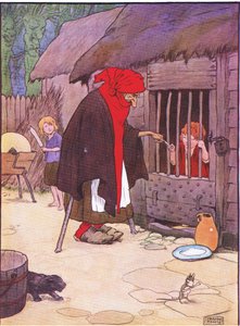 Den gamla kvinnan stängde in Hansel i ett stall, från Hansel and Gretel publicerad av Blackie & Son Limited, ca 1940