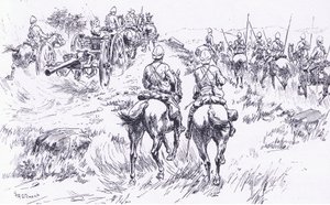 Bullers kavalleri och artilleri på frammarsch mot Bergendal, illustration från After Pretoria: The Guerilla War, 1902