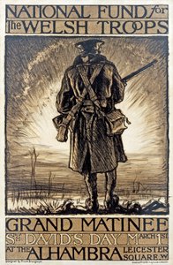 Affisch som annonserar ett insamlingsevenemang för den nationella fonden för de walesiska trupperna, 1 mars 1915, av Frank Brangwyn