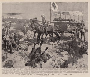 För snabb hjälp till de sårade, Manders flygande ambulansbil (litho) av Frank Craig
