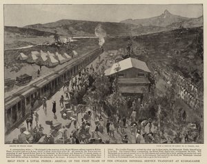 Hjälp från en lojal prins, ankomsten av det första tåget från Gwalior Imperial Service Transport vid Kushalgarh av Frank Craig