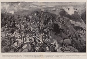 Under ett hagel av snäckor, major Thorneycrofts envisa motstånd från boerattacken på Spion Kop den 24 januari