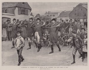 Firandet av Sankt Hubertusdagen i Bievre i Ardennerna, jakt på väg till mässan av Frank Dadd