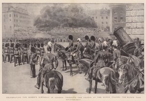 Firande av drottningens födelsedag i London, troppning av flaggan vid Horse Guards, marschen förbi